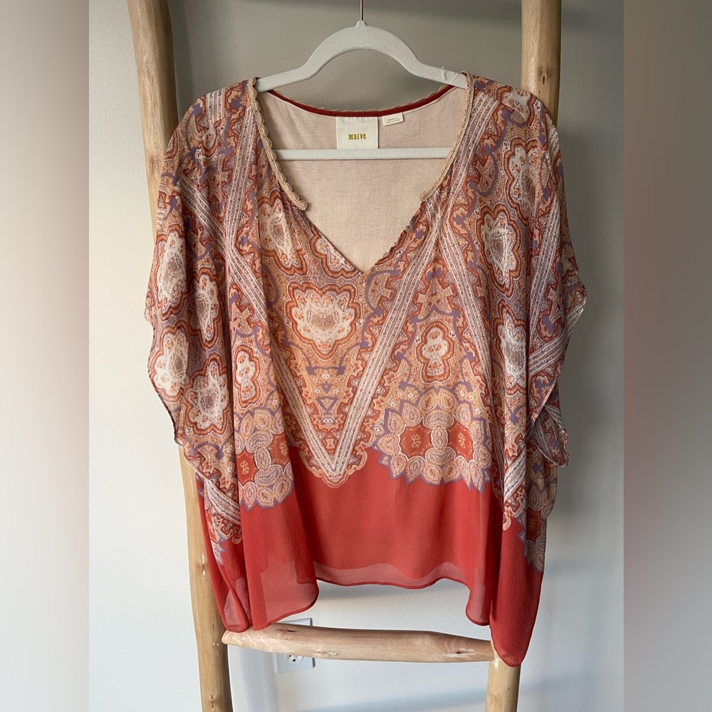 Anthropologie Maeve Nalina Silk Orange Mosaic Poncho Blouse Boho Flowy Top S